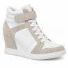 Single women's white and beige hidden-wedge high-top sneaker on a white background