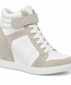 Single women's white and beige hidden-wedge high-top sneaker on a white background