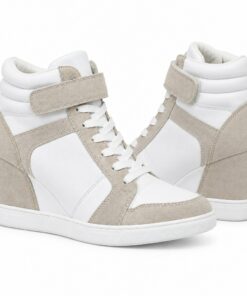 Pair of women's white and beige hidden-wedge high-top sneakers standing, side profile and back heel view