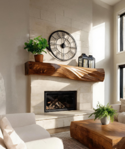 Solid Wood Block Fireplace Mantel with Sculpted Grain Surface