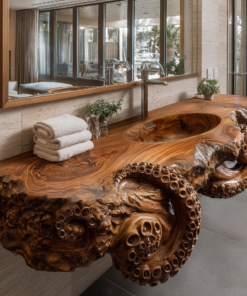 Octopus Carved Live Edge Floating Vanity with Integrated Sink