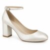Single women's ivory satin bridal pump with ankle strap and 2.5 inch block heel on a white background