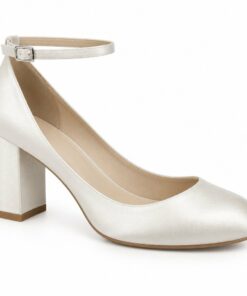 Single women's ivory satin bridal pump with ankle strap and 2.5 inch block heel on a white background