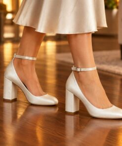 Woman wearing ivory satin bridal pumps with ankle strap and 2.5 inch block heel at an evening party, cropped from the knees down