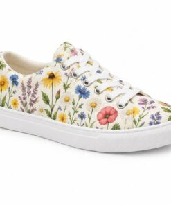 Single women's ivory wildflower print low-top canvas sneaker on a white background