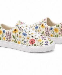 Pair of women's ivory wildflower print low-top canvas sneakers standing, side profile and back heel view