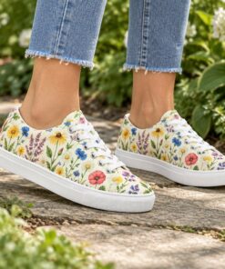 Woman wearing ivory wildflower print low-top canvas sneakers on a sunny park path, cropped from the knees down
