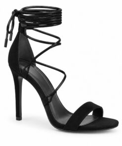 Single women's black lace-up ankle wrap stiletto sandal on a white background