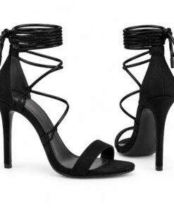 Pair of women's black lace-up ankle wrap stiletto sandals standing, side profile and back heel view