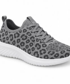 Single women's grey leopard print knit mesh sneaker on a white background