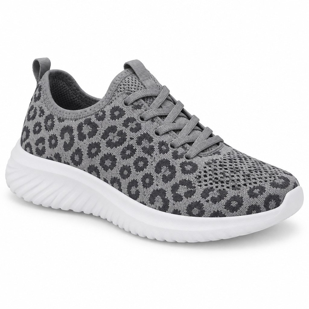 Single women's grey leopard print knit mesh sneaker on a white background