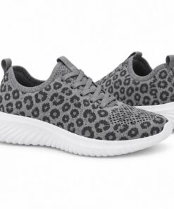 Pair of women's grey leopard print knit mesh sneakers standing, side profile and back heel view
