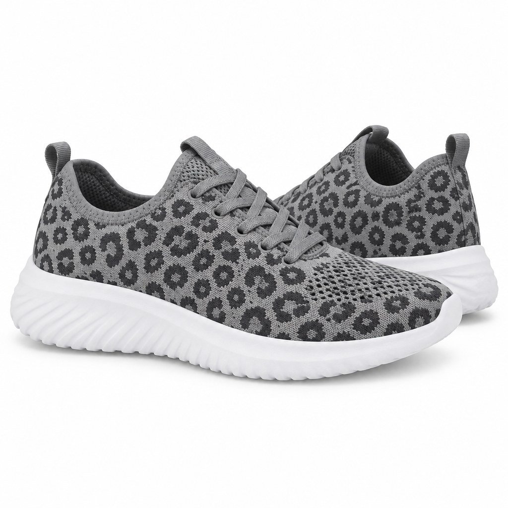 Pair of women's grey leopard print knit mesh sneakers standing, side profile and back heel view