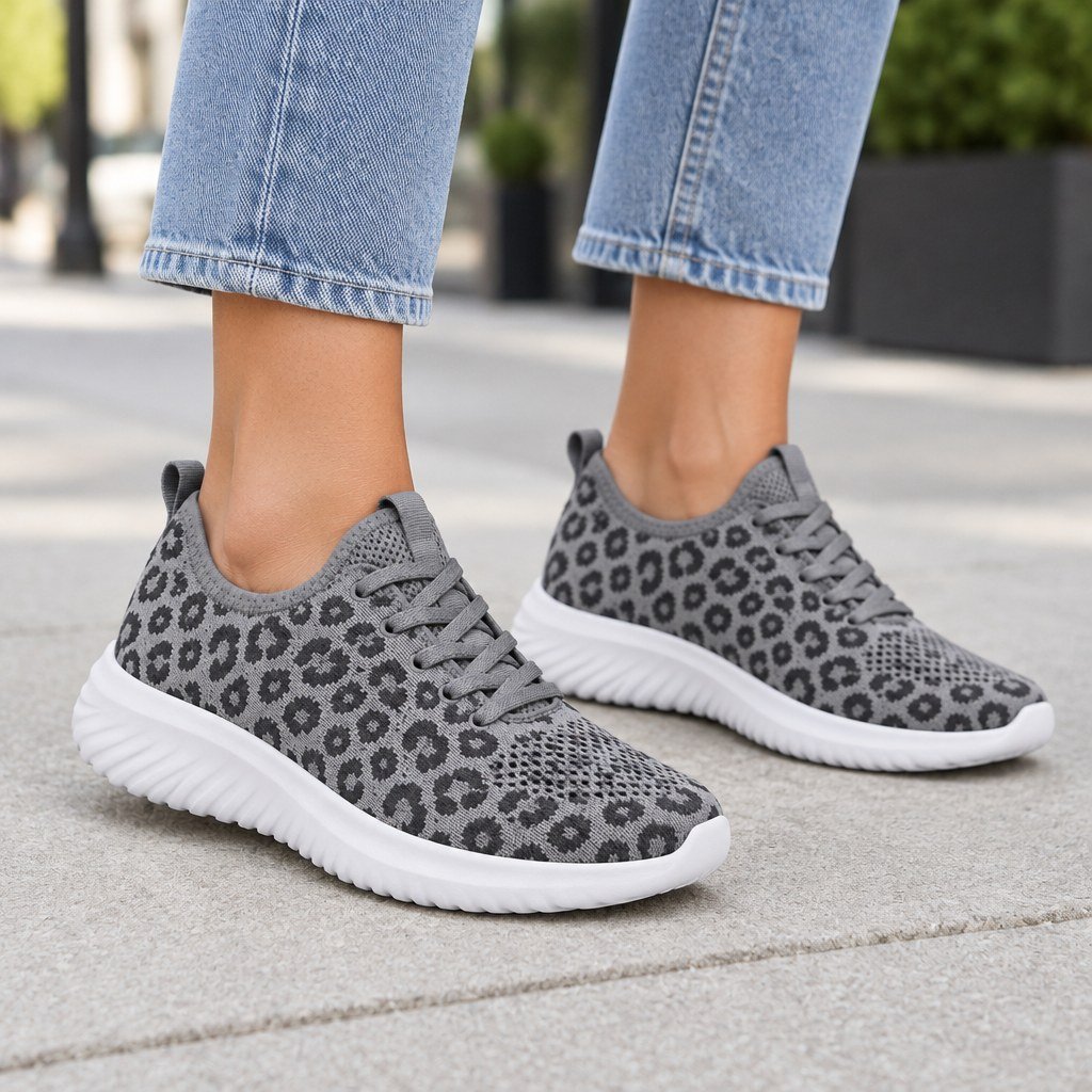 Woman wearing grey leopard print knit mesh sneakers on a city sidewalk, cropped from the knees down