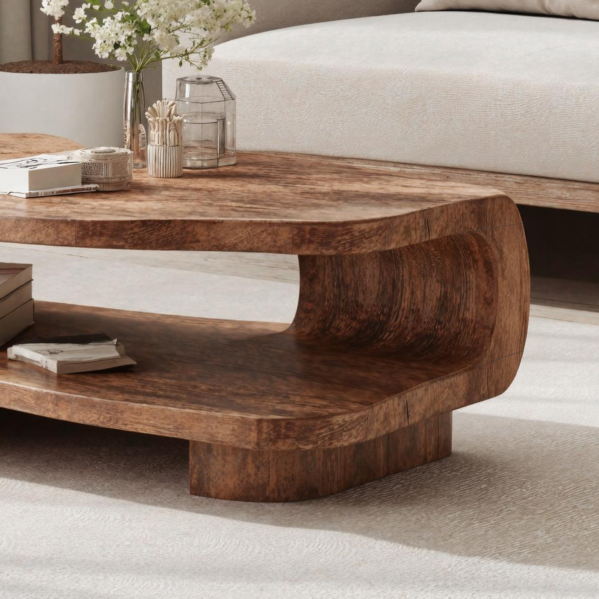 Farmhouse Wooden Coffee Table in Brown with Wax and Oil Finish - Image 4