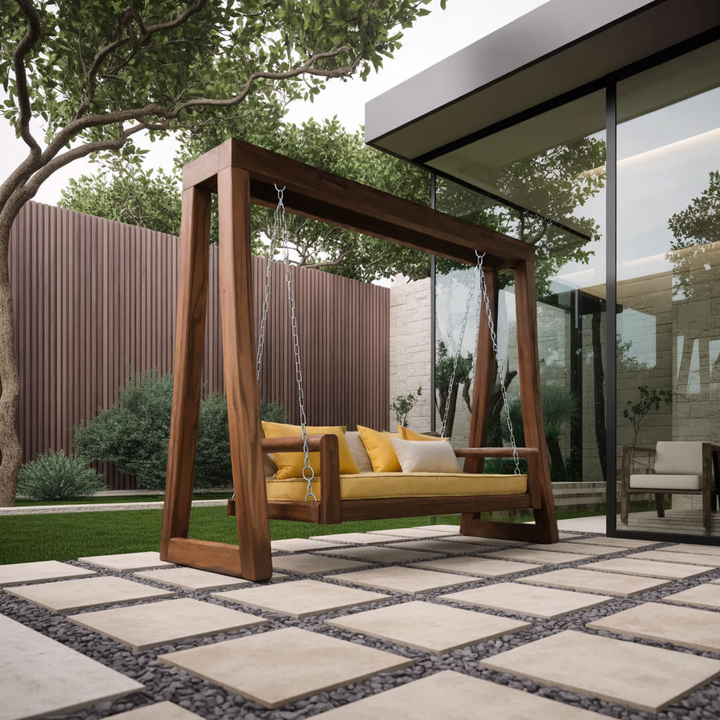 Contemporary Solid Wood A-Frame Outdoor Swing Bench for Patio - Image 2