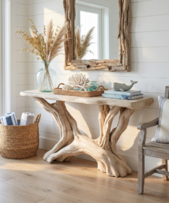 Rustic Organic Solid Wood Console Table with Open Shelving