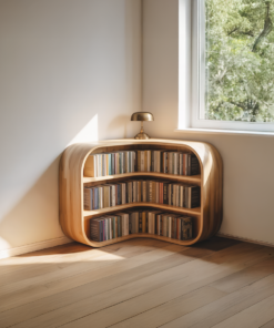 Mid-Century Solid Wood Corner Bookshelf with Curved Compartments