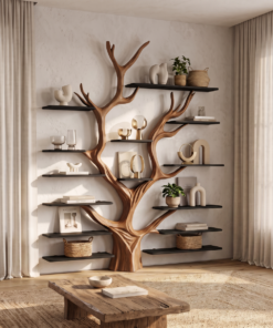 Sculptural Tree-Inspired Wood Bookcase Wall Unit
