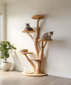 Rustic Solid Wood Tree Cat Tower with Branch Perches