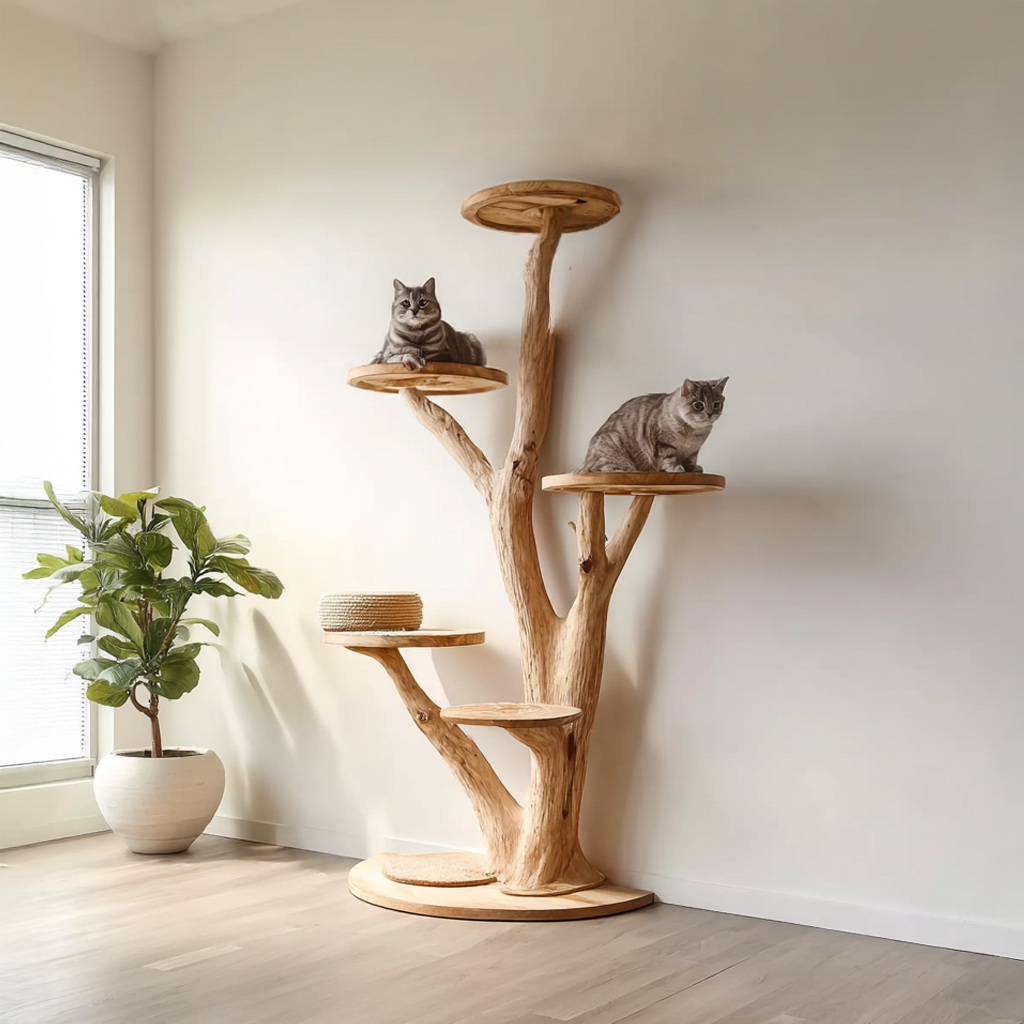 Rustic Solid Wood Tree Cat Tower with Branch Perches
