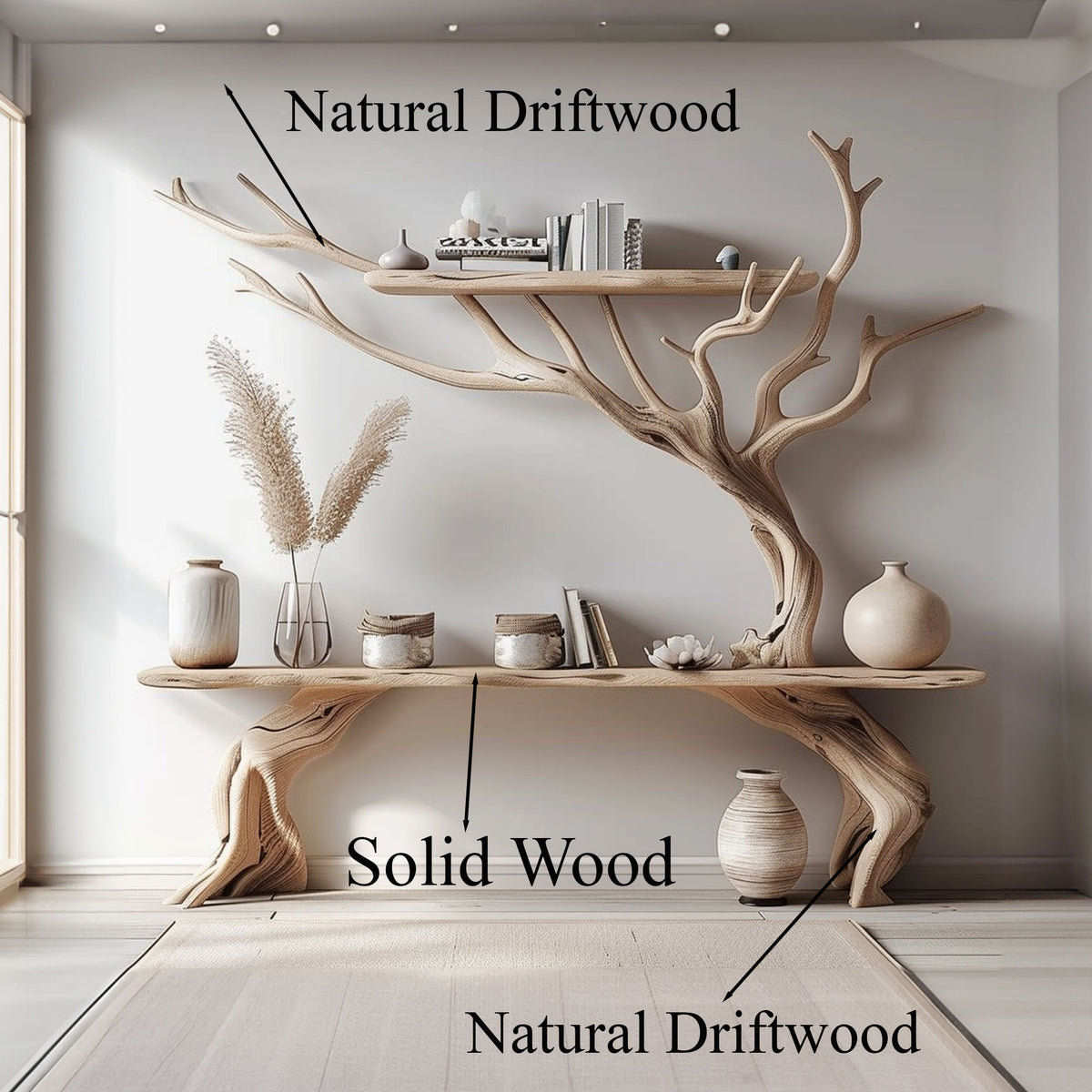 Driftwood Narrow Console Table with Tree Branch Bookshelf Base - Image 4