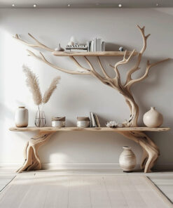 Driftwood Narrow Console Table with Tree Branch Bookshelf Base