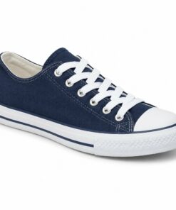 Single women's navy blue classic low-top canvas sneaker on a white background