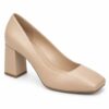 Single women's beige nude square toe pump with 2.75 inch block heel on a white background