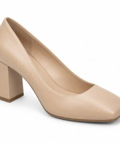 Single women's beige nude square toe pump with 2.75 inch block heel on a white background