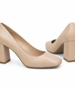Pair of women's beige nude square toe pumps with 2.75 inch block heel standing, side profile and back heel view