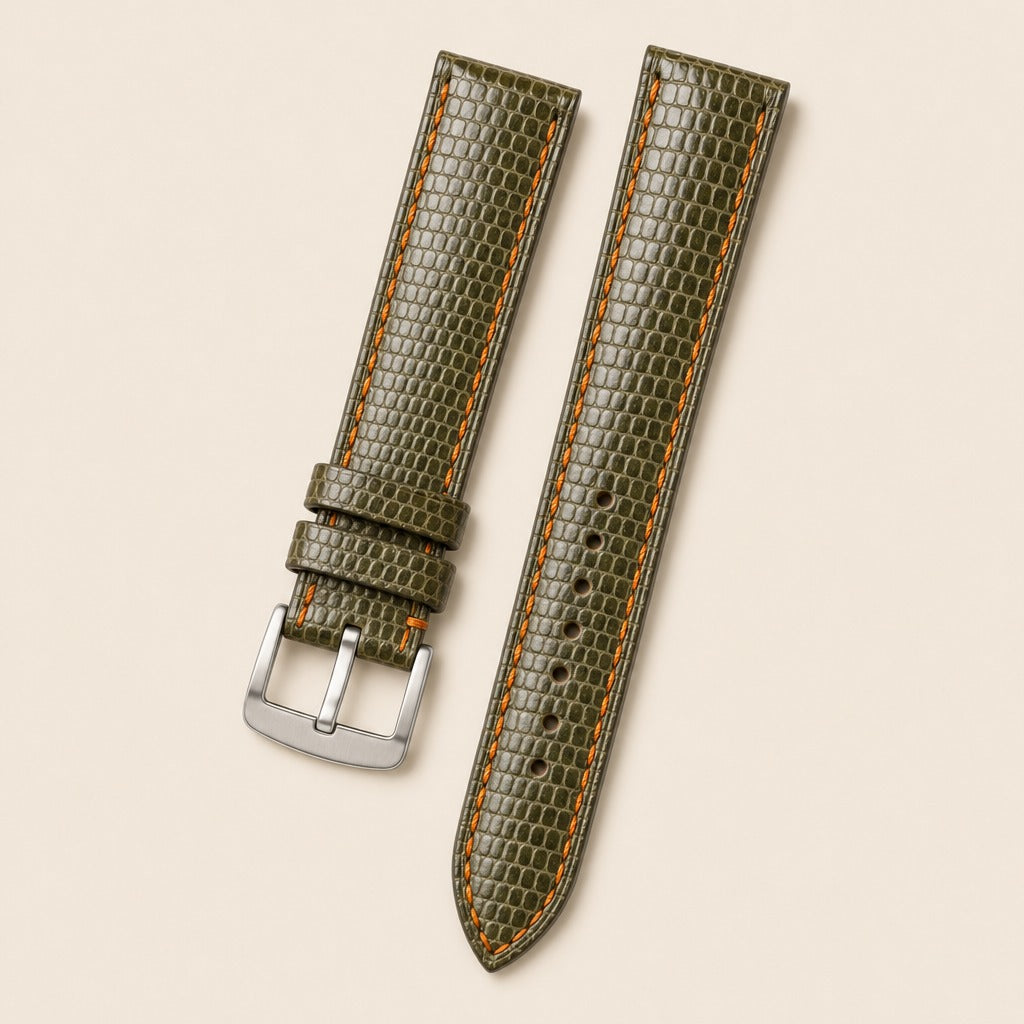Lizard Leather Watch Strap in Olive & Blue · Handmade in Saigon
