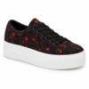 Single women's black and red paint splatter low-top platform sneaker on a white background