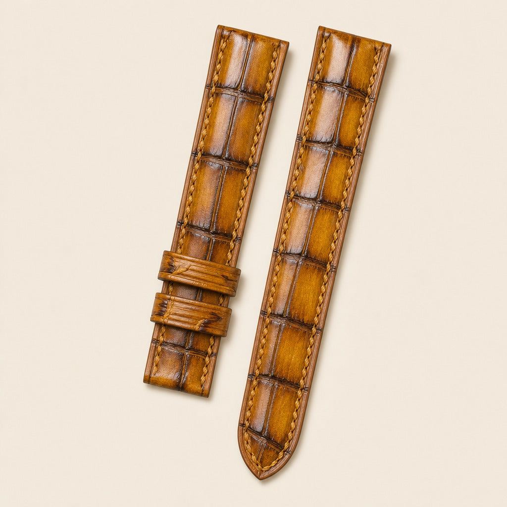Alligator Leather Watch Strap in Patina Brown · Hand-Dyed · Butterfly Clasp · Handmade in Saigon