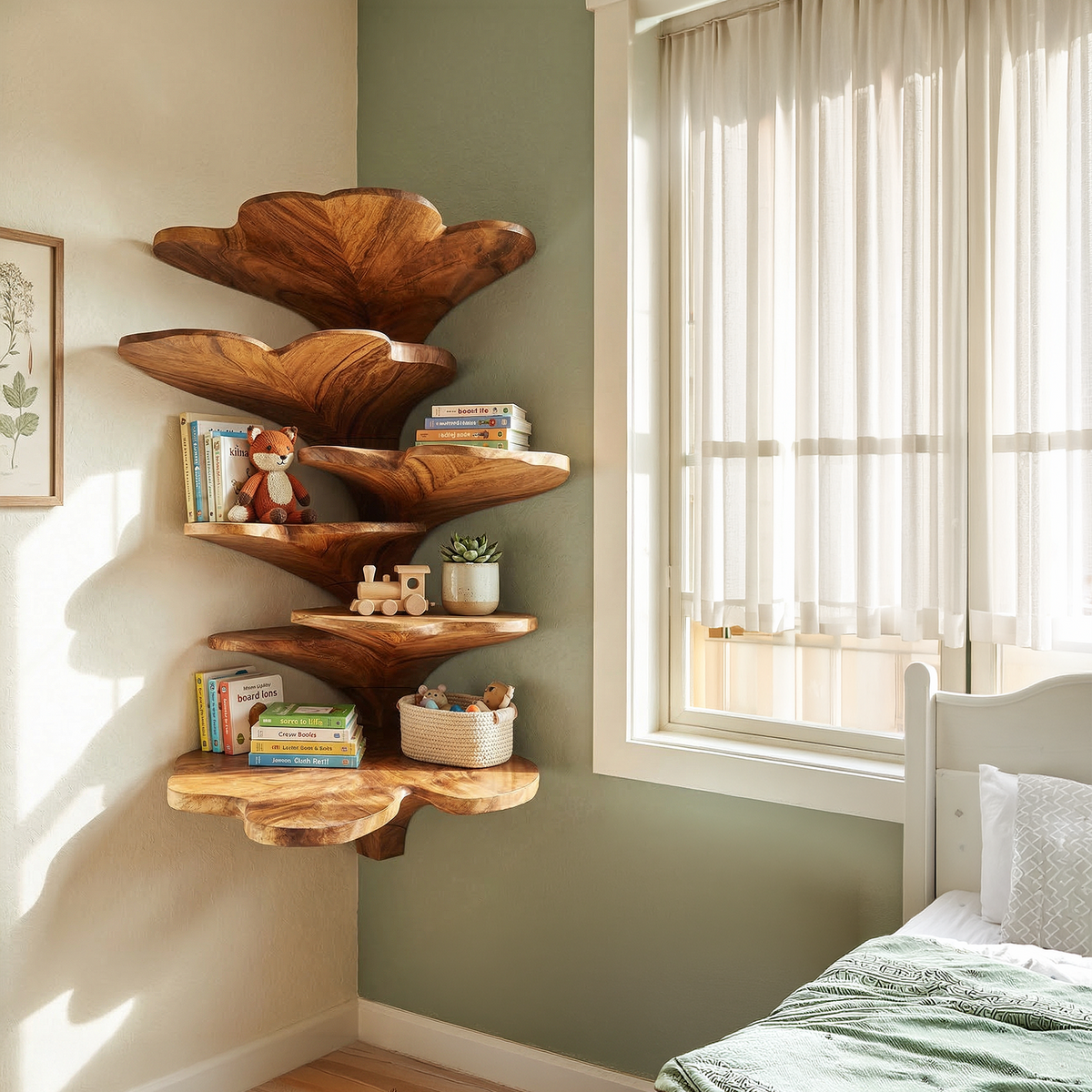 Boho Leaf-Shaped Solid Wood Corner Shelf for Nursery Walls - Image 3