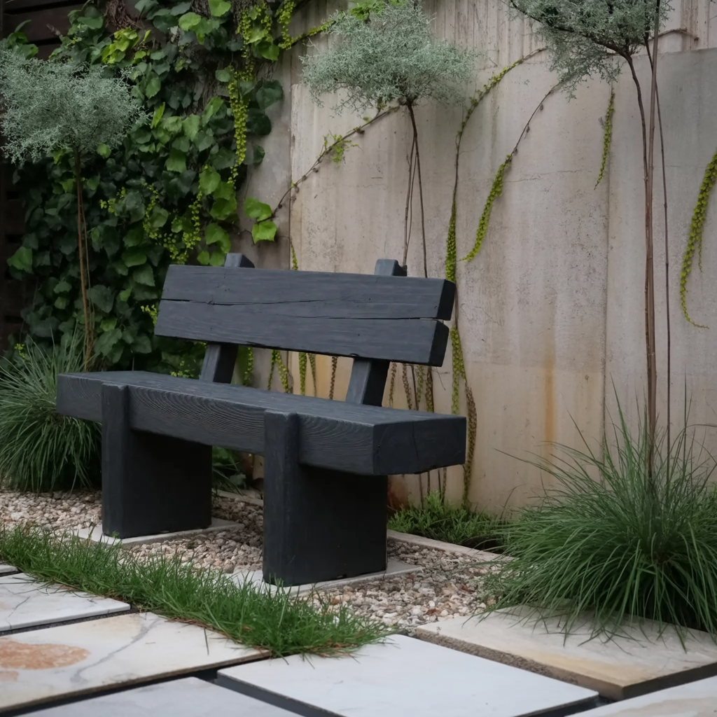 Charred Solid Wood Outdoor Bench with Reclined Backrest - Image 2