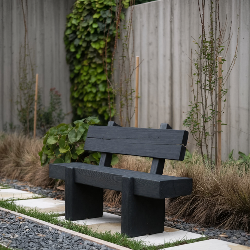 Charred Solid Wood Outdoor Bench with Reclined Backrest - Image 3