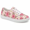 Single women's pink rose print low-top canvas sneaker on a white background