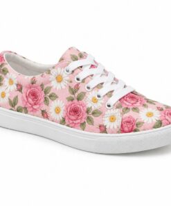 Single women's pink rose print low-top canvas sneaker on a white background
