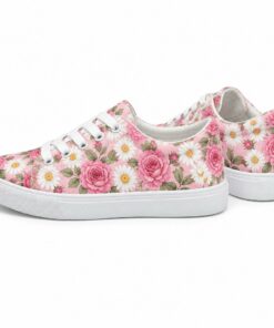 Pair of women's pink rose print low-top canvas sneakers standing, side profile and back heel view
