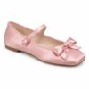 Single women's pink satin square toe Mary Jane flat with bow on a white background