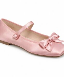 Single women's pink satin square toe Mary Jane flat with bow on a white background