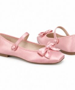 Pair of women's pink satin square toe Mary Jane flats with bow standing, side profile and back heel view