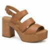 Single women's tan vegan leather strappy platform clog sandal on a white background