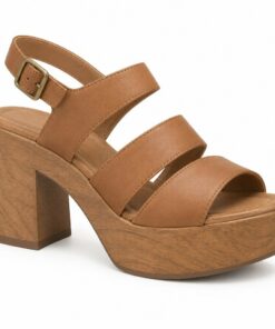 Single women's tan vegan leather strappy platform clog sandal on a white background