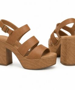 Pair of women's tan vegan leather strappy platform clog sandals standing, side profile and back heel view