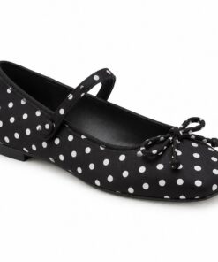 Single women's black and white polka dot Mary Jane flat on a white background