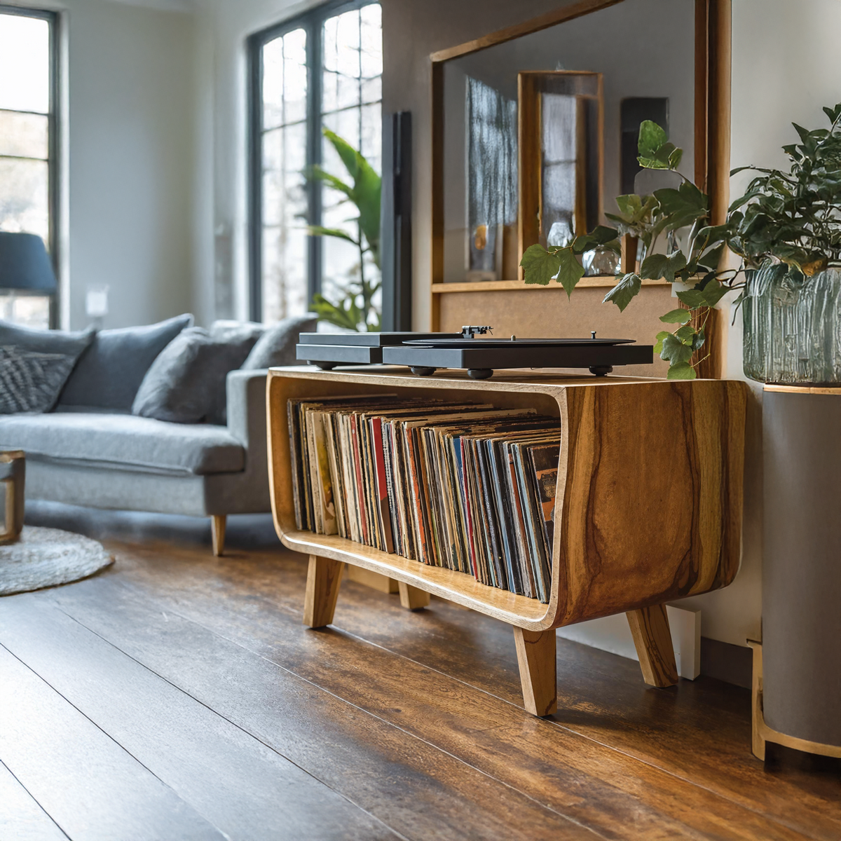 Solid Wood Record Player Stand with Open Vinyl Storage - Image 2