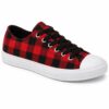 Single women's red and black buffalo check low-top canvas sneaker on a white background