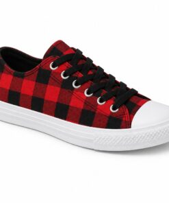 Single women's red and black buffalo check low-top canvas sneaker on a white background